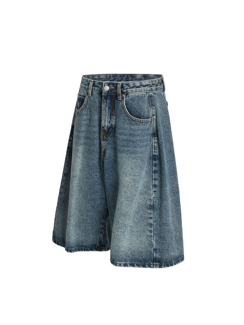 Unisex American Retro Washed Wide-Leg Denim Shorts