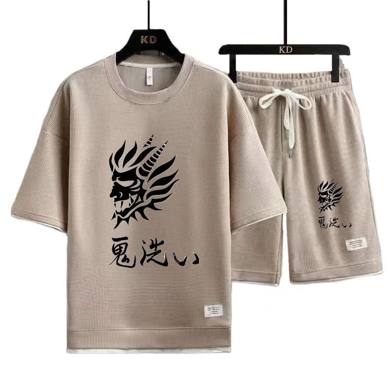 Unisex Waffle Fleece-Lined Short-Sleeve T-Shirt and Shorts Two-Piece Suit