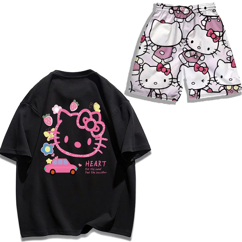 Hello Kitty Cute American Loose Short-Sleeve T-Shirt and Shorts Couple Set