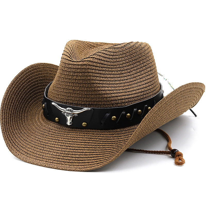 Unisex Western Straw Cowboy Hat with Ox Head Belt