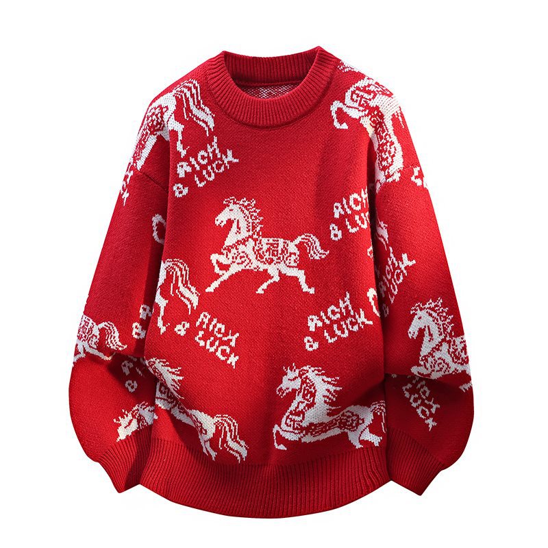 Red Retro Jacquard Crewneck Sweater