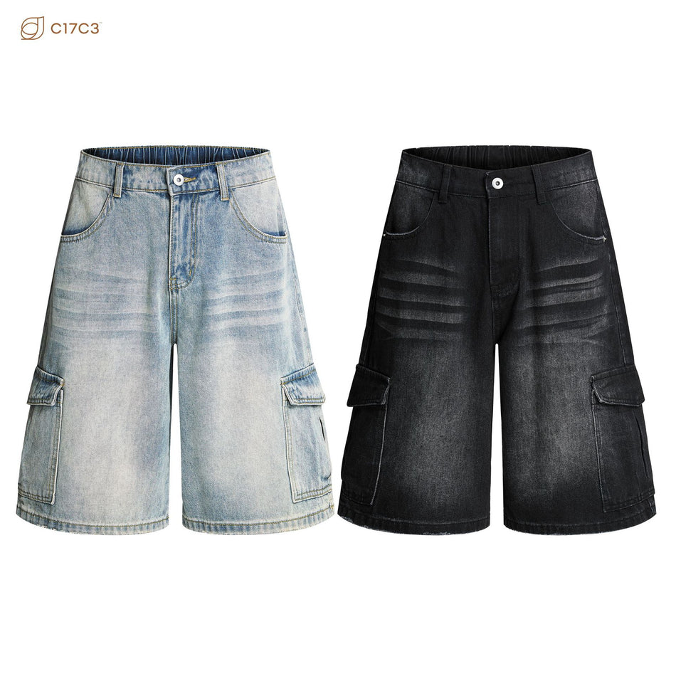 Unisex Loose Fit Cat-Wash Distressed Workwear Denim Shorts