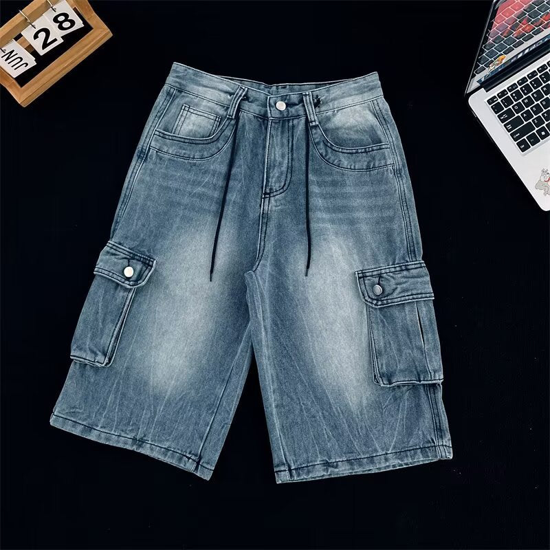 Unisex Vintage Washed Blue Straight Workwear Denim Shorts