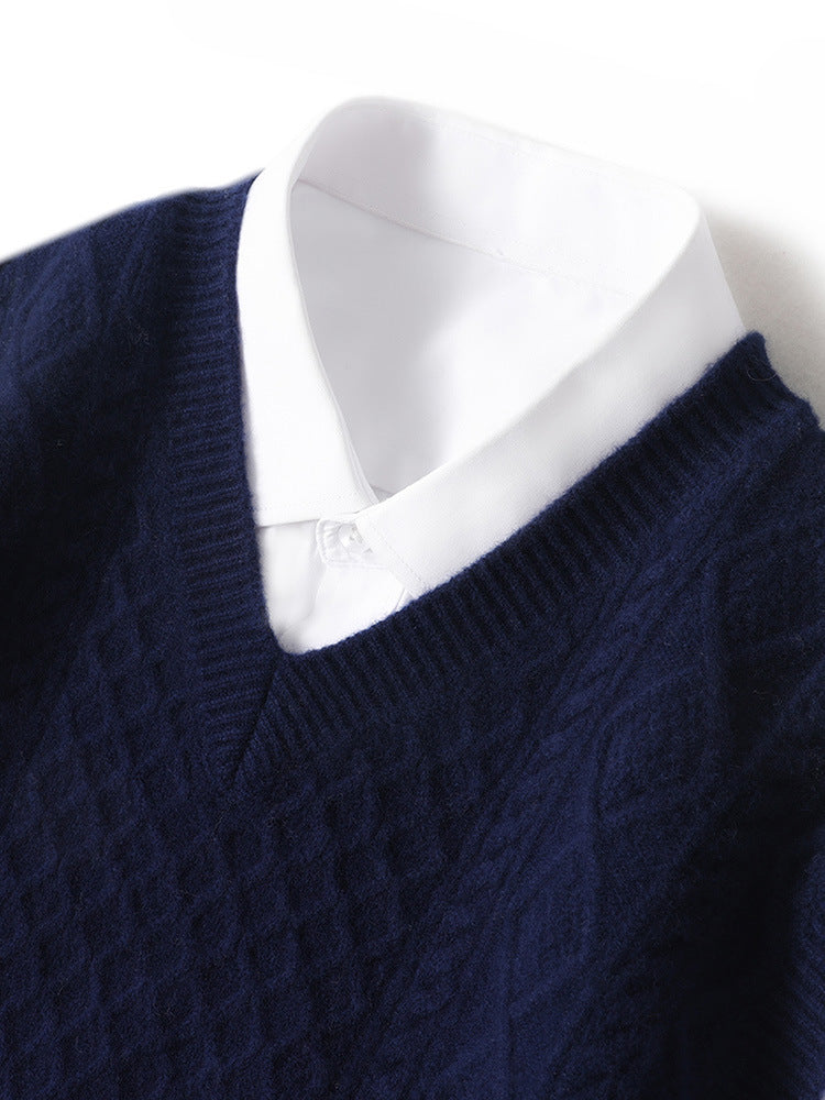 Snow Velvet Men's 100% Pure Wool Thickened Jacquard V-Neck Vest