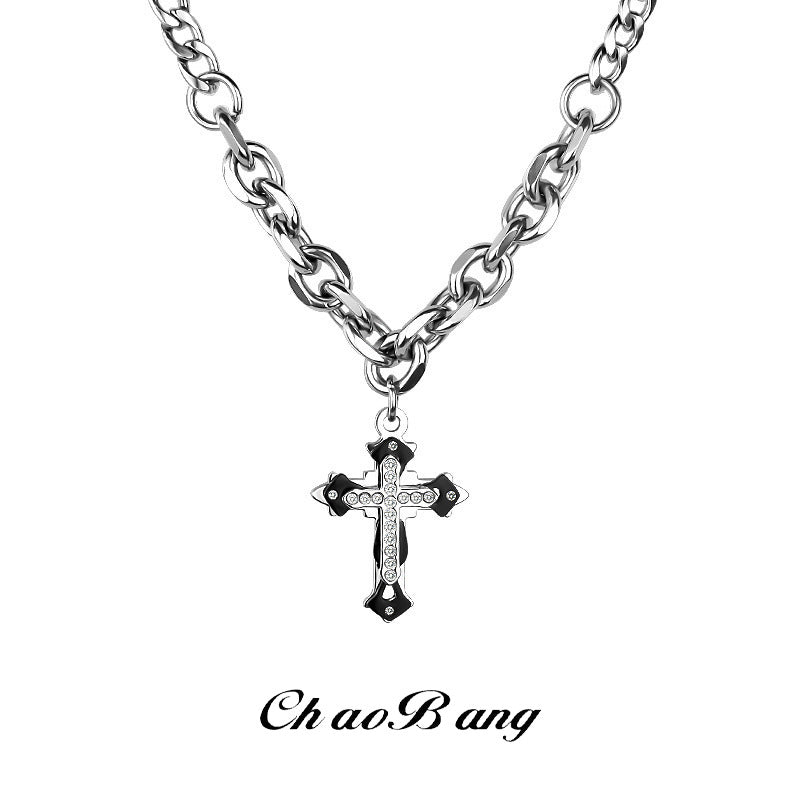 Diamond Cross Titanium Steel Necklace Men's High-End Niche Jewelry