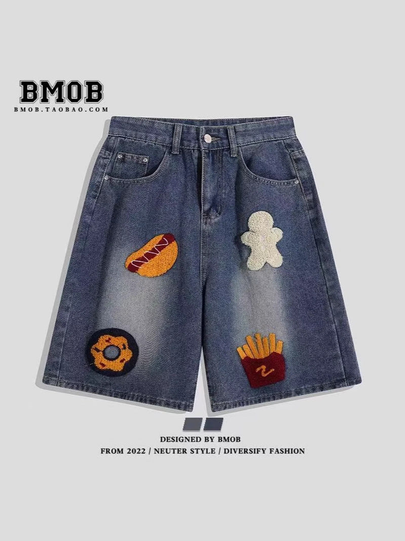 Unisex American Retro Burger Fries Embroidered Denim Shorts