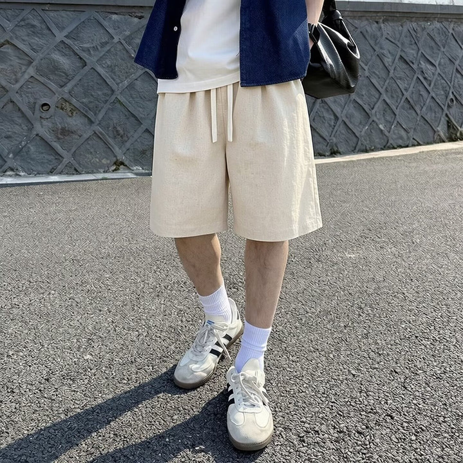 Unisex Solid Color Linen Loose Wide-Leg Drawstring Shorts