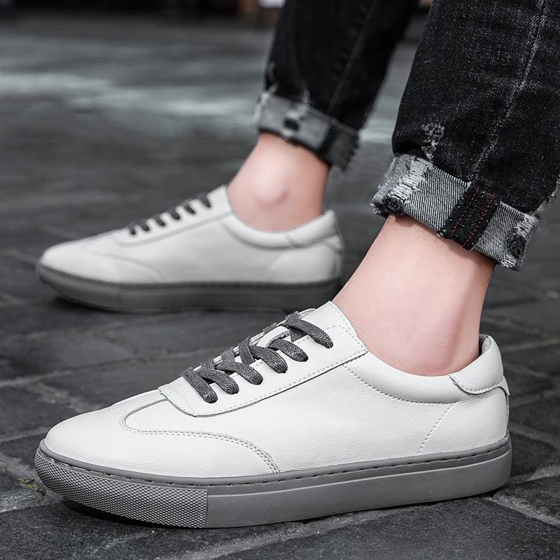 Breathable Leather-Covered Low-Cut White Sneakers for Men