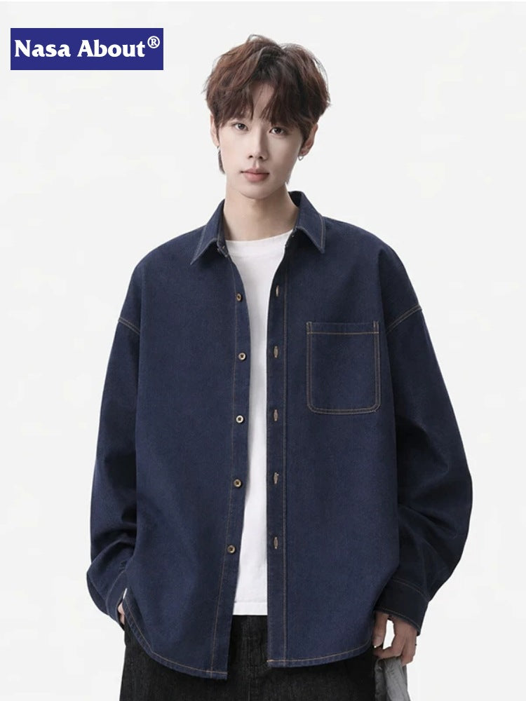 American Retro Men's Denim Workwear Shirt Loose Fit Long Sleeve
