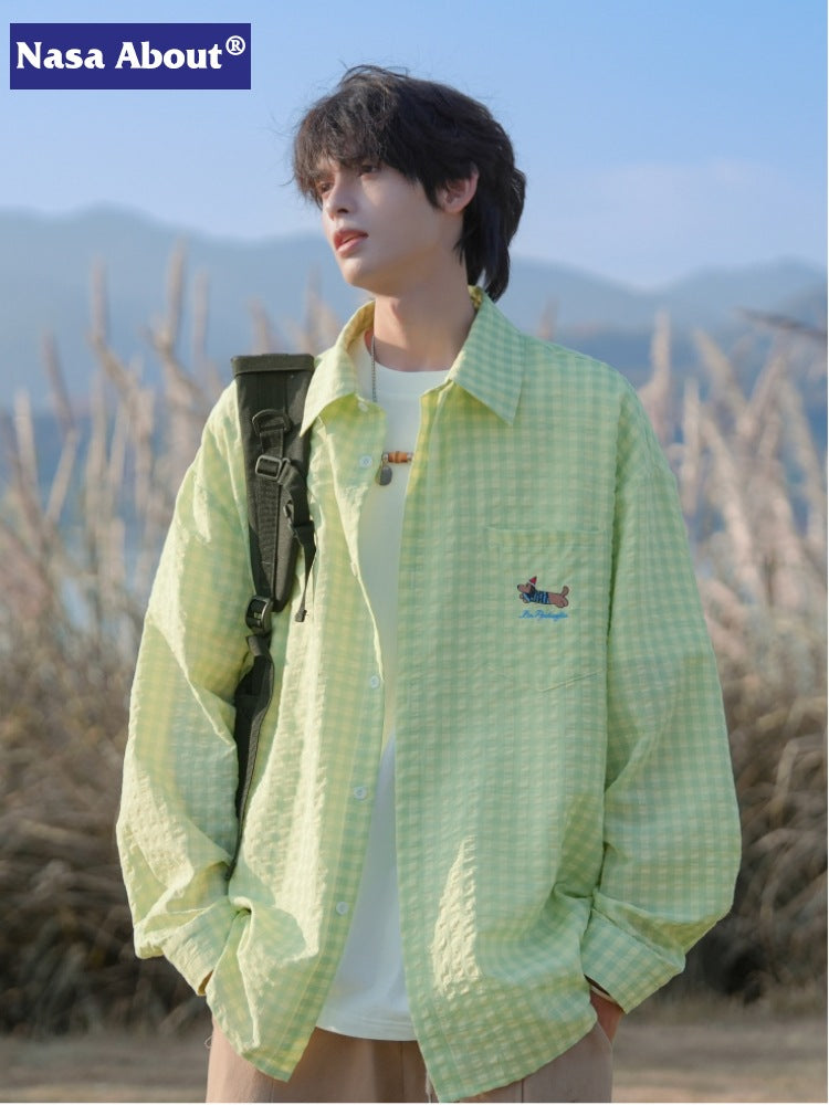 American Retro Plaid Embroidered Shirt for Men