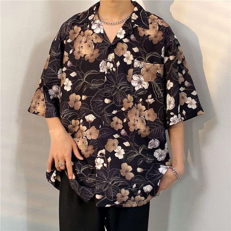 Unisex Skull Flower Cuban Collar Vintage Hawaiian Shirt