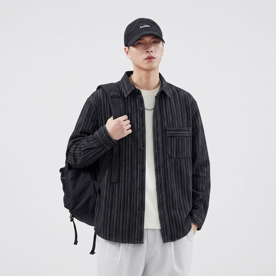 Title: Men's Retro Striped Jacquard Denim Shirt Jacket, Loose Fit