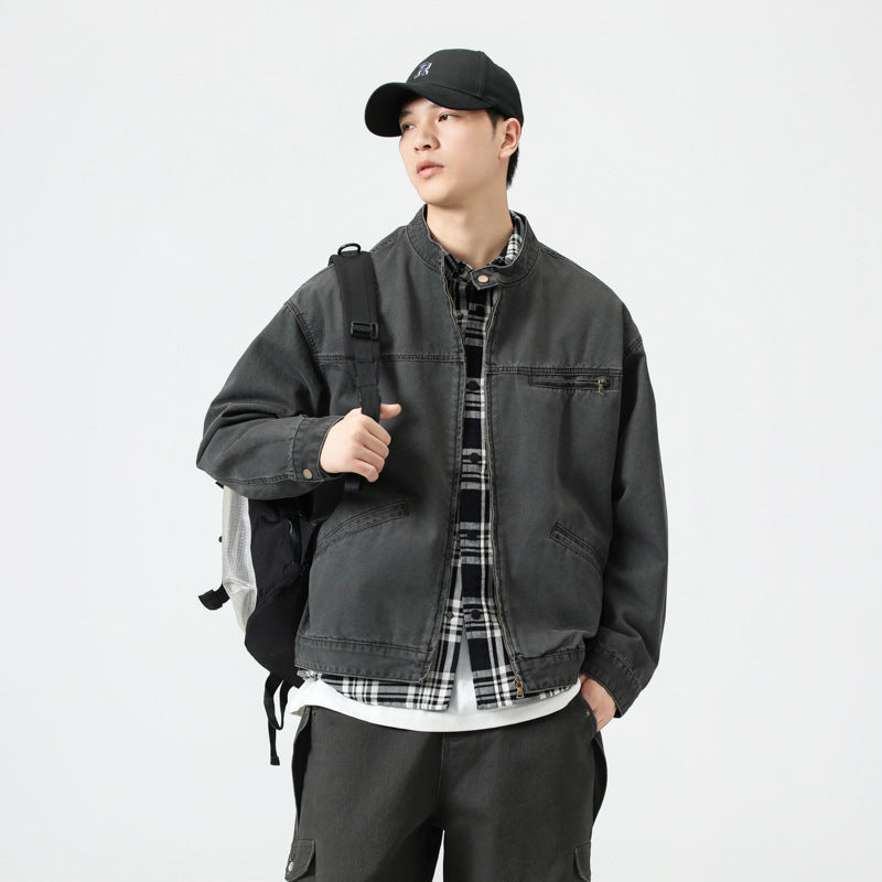 Retro Loose Denim Motorcycle Workwear Jacket for Men