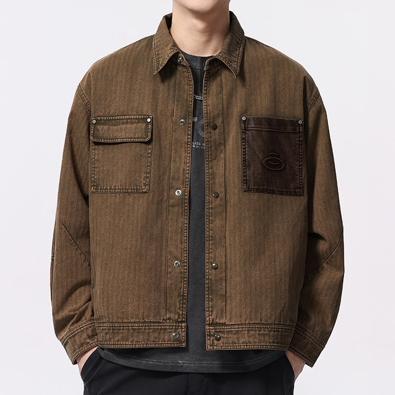 American Retro Color-Block Work Jacket with Pockets
