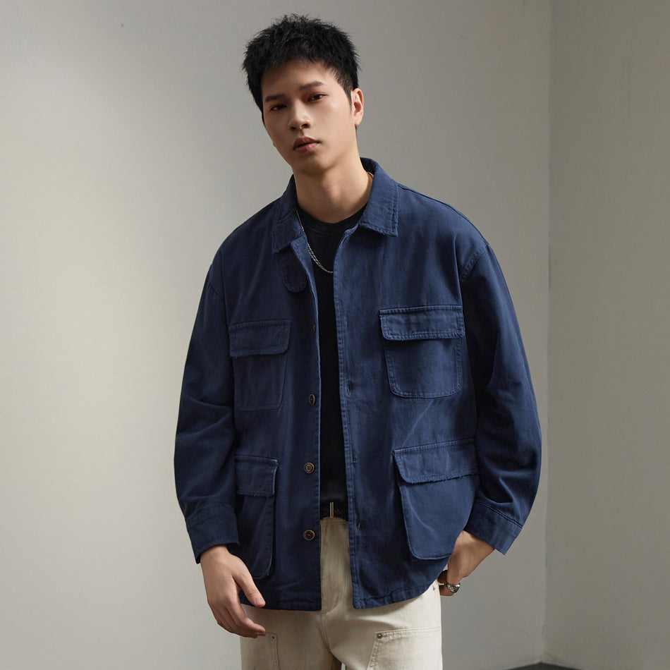 French Vintage Multi-Pocket Work Jacket with Turn-Down Collar