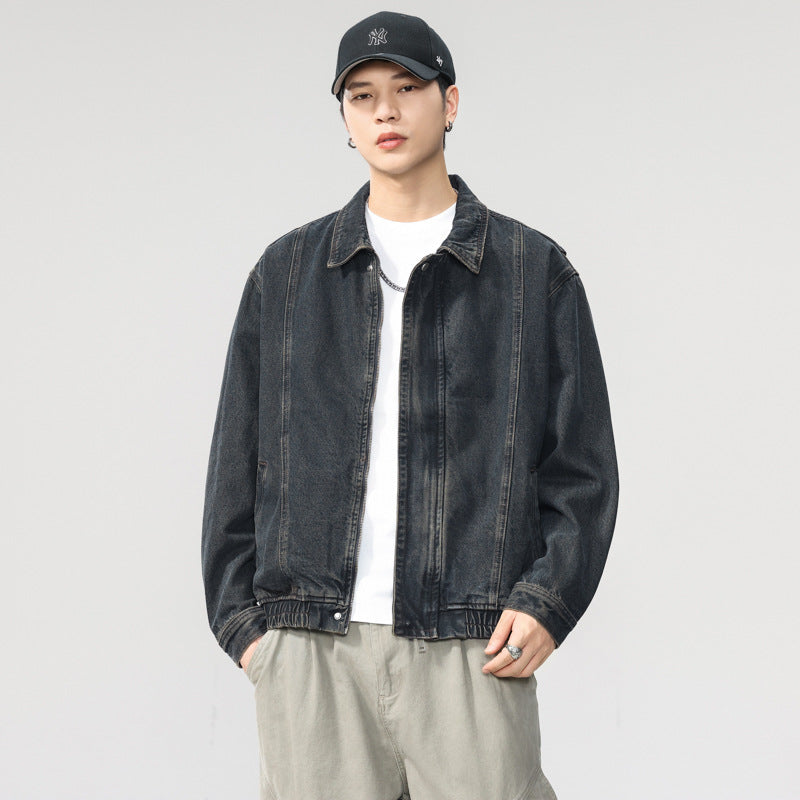 Distressed Washed Denim Motorcycle Workwear Jacket for Men