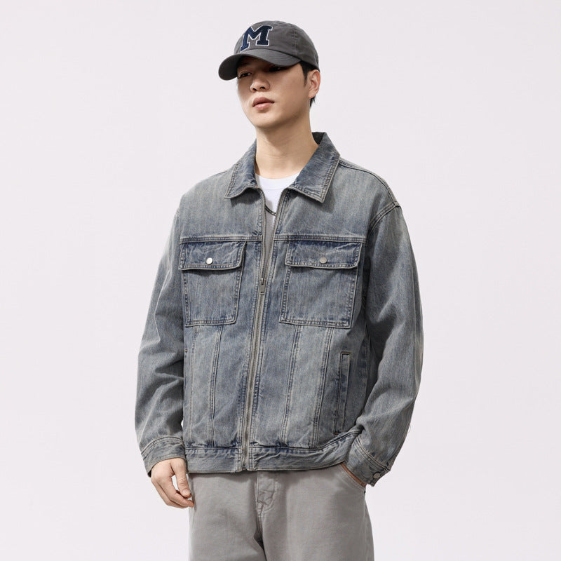 Retro Washed Bamboo Texture Denim Jacket for Men