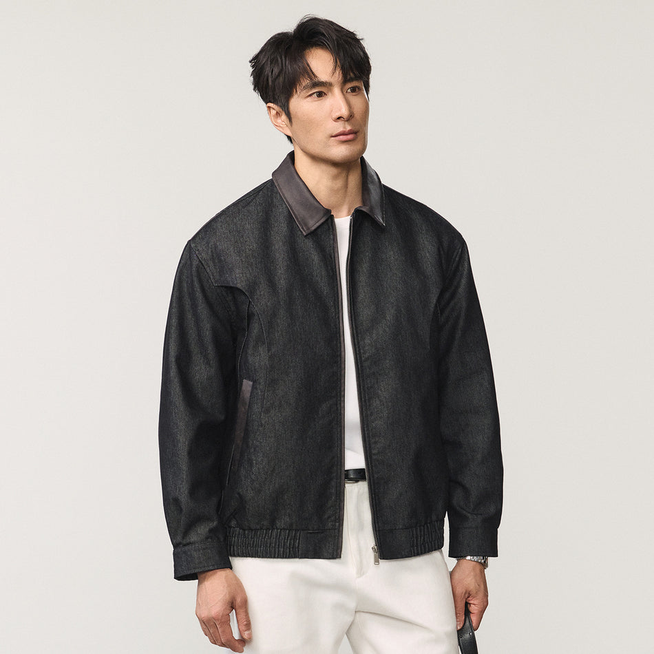 Retro Leather Collar Denim Jacket for Men