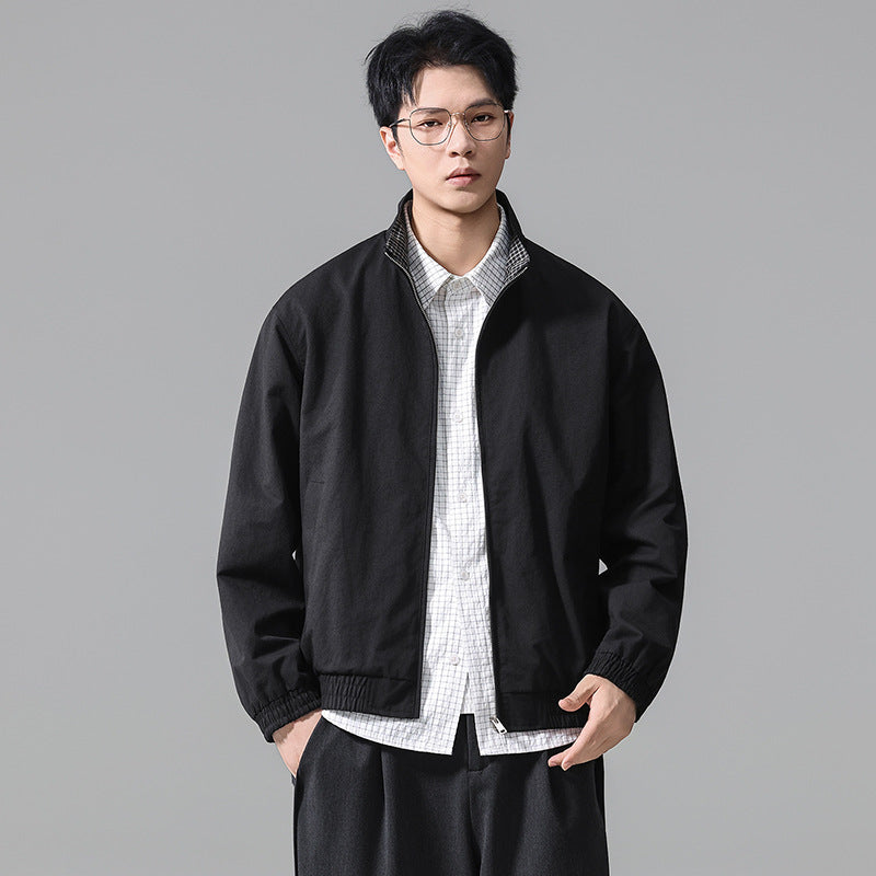 Retro Plaid Color-Block Biker Jacket for Men