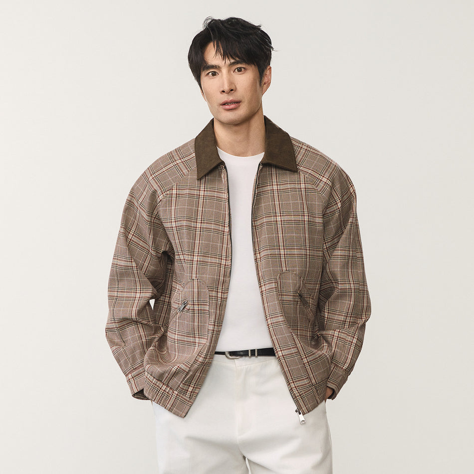 American Retro Brown Plaid Contrast Collar Jacket