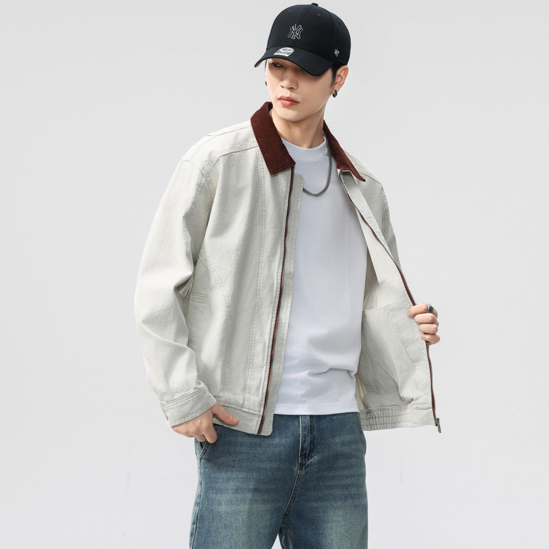 Retro Apricot Washed Color-Block Lapel Work Jacket