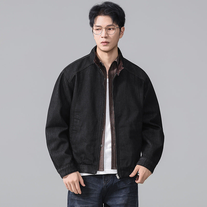 Black Washed Stand Collar Denim Workwear Jacket for Men