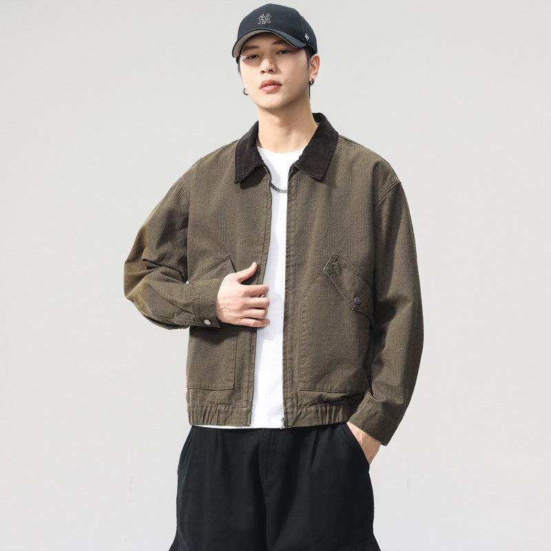 Washed Distressed Lapel Workwear Jacket with Pockets