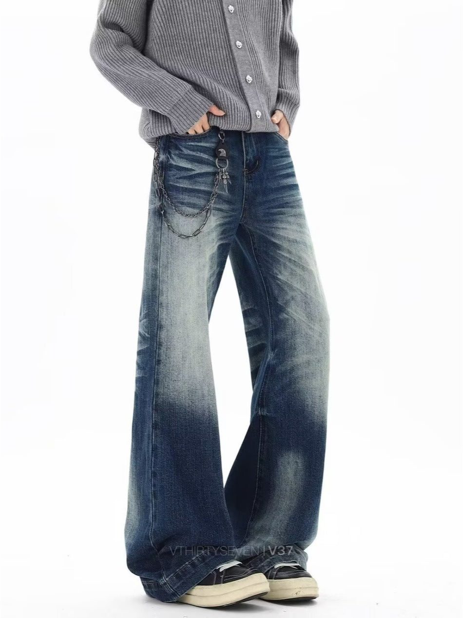 Whiskered Washed Loose Wide-Leg Jeans for Men
