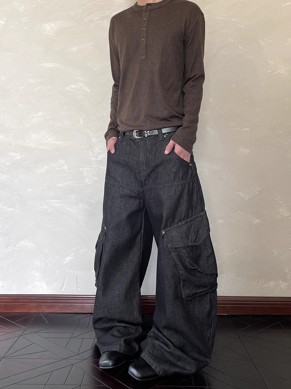 Black Deconstructed Scimitar Wide-Leg Jeans Unisex