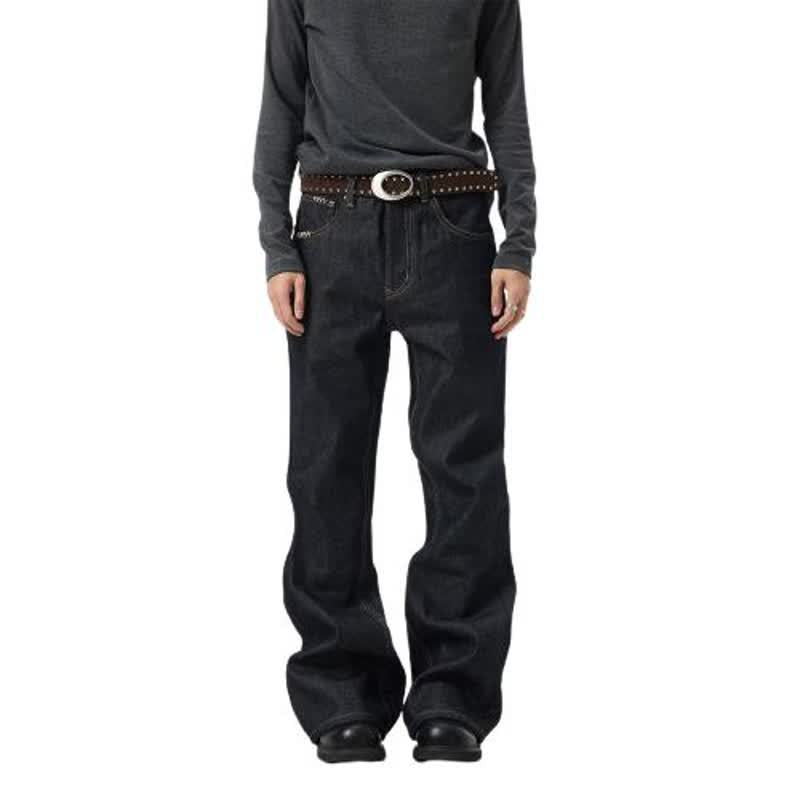 Black Embroidered Pocket Loose Wide-Leg Jeans for Men