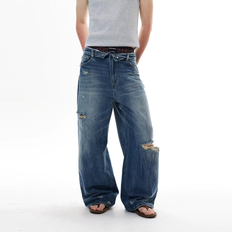 Washed Vintage Ripped Wide-Leg Jeans with Fold-Over Waist