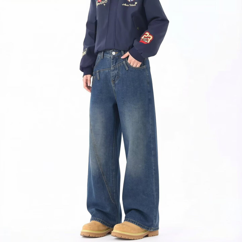 American Retro Asymmetrical Deconstructed Loose Straight Jeans