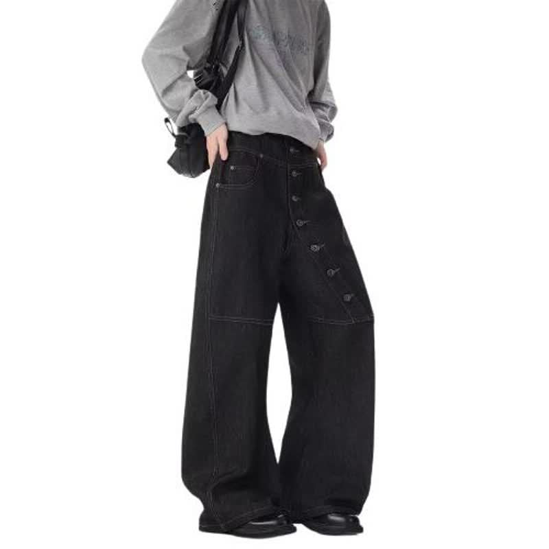 American Retro Curved Button-Front Wide-Leg Jeans for Men