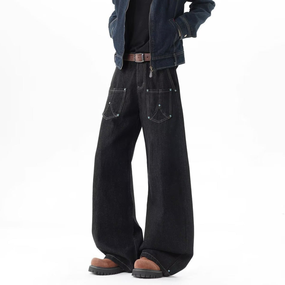Black Turquoise-Stud Straight Slight-Flare Jeans for Men