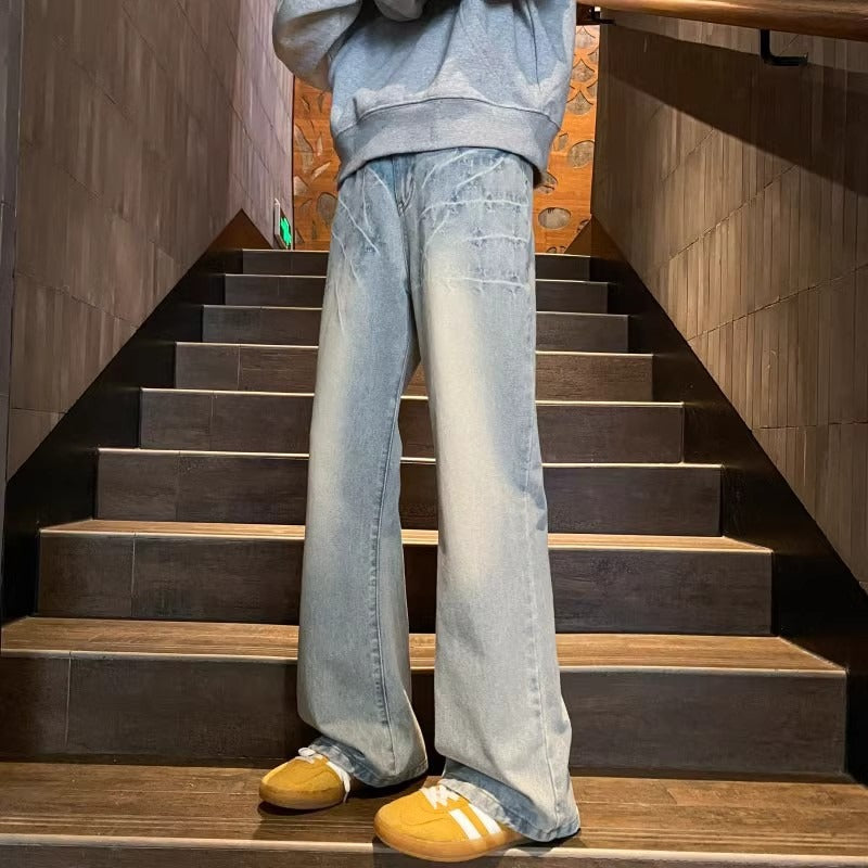 Black Lightning Pattern Washed Straight-Leg Jeans for Men