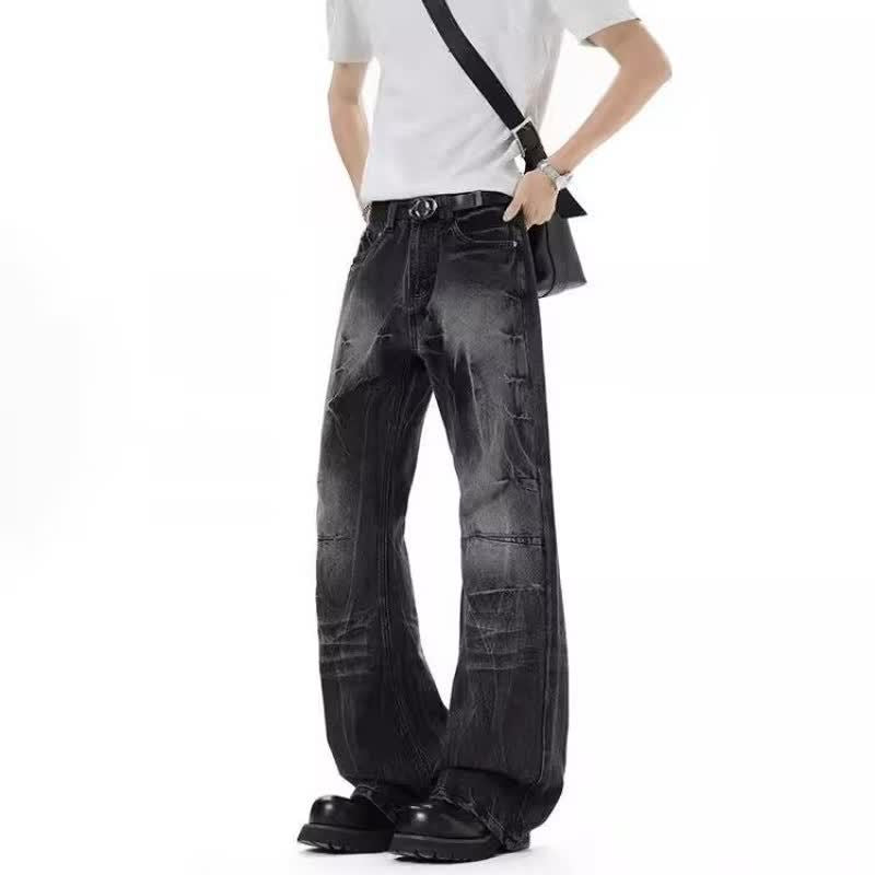 Black-Gray Tie-Dye Gradient Washed Flared Jeans for Men