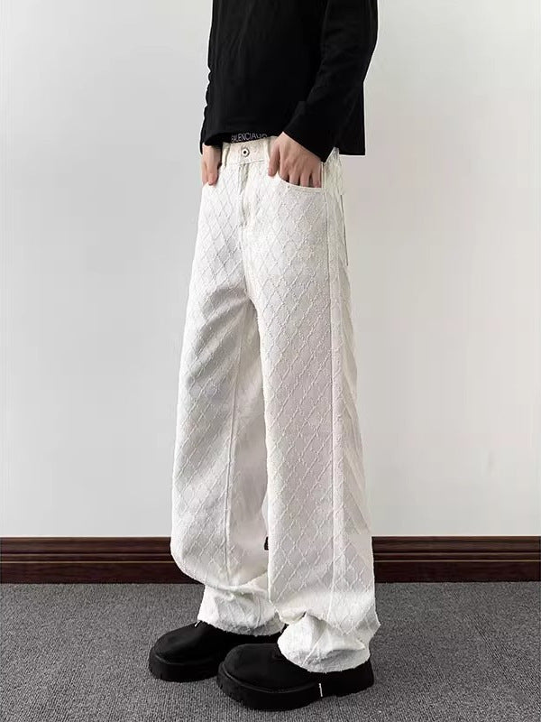 White Jacquard Quilted Slim Straight-Leg Jeans for Men