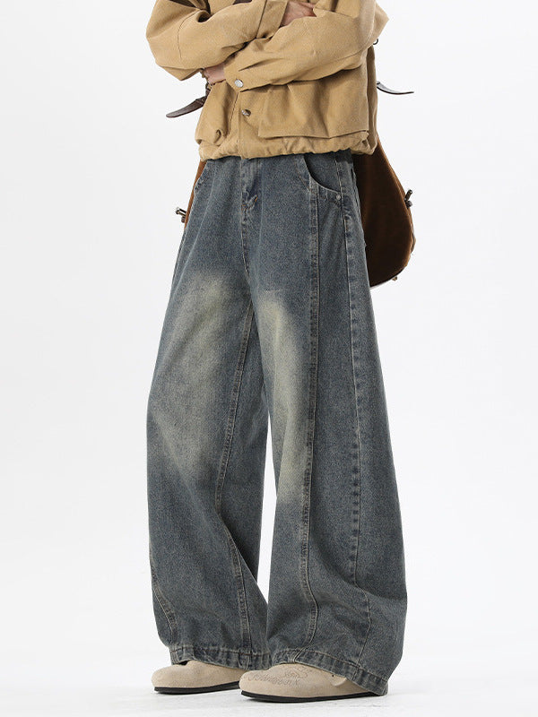 Vintage Curved-Hem Loose Wide-Leg Jeans for Men