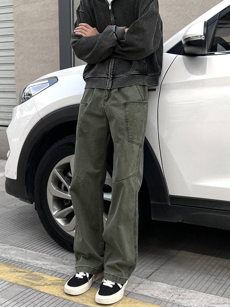 American Retro Military Green Multi-Pocket Straight Work Pants