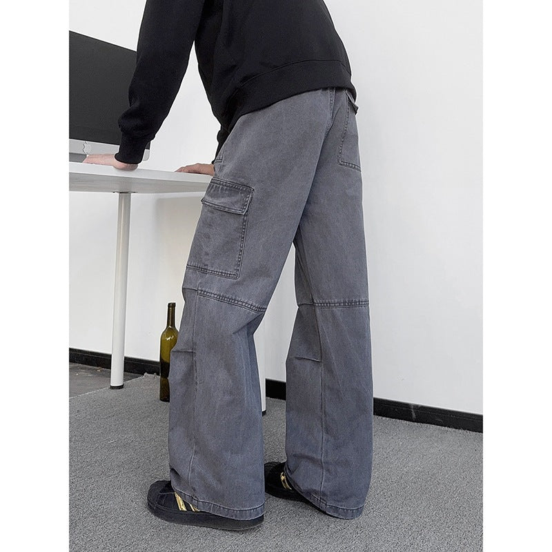 Cleanfit Gray Washed Pleated Straight-Leg Workwear Jeans for Men