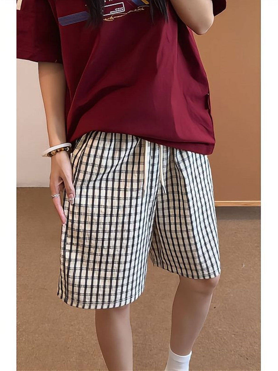 Unisex Plaid Loose Straight-Leg Summer Casual Sports Shorts
