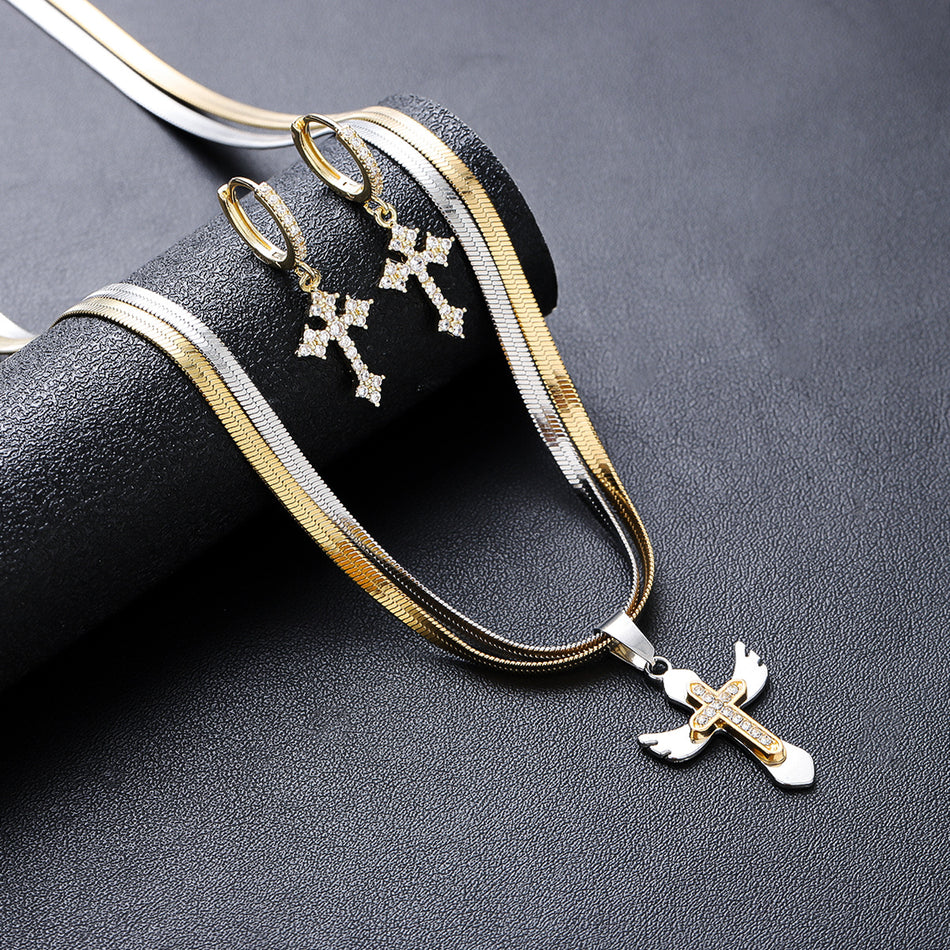 Unisex Cross Earrings and Collarbone Necklace Jewelry Set