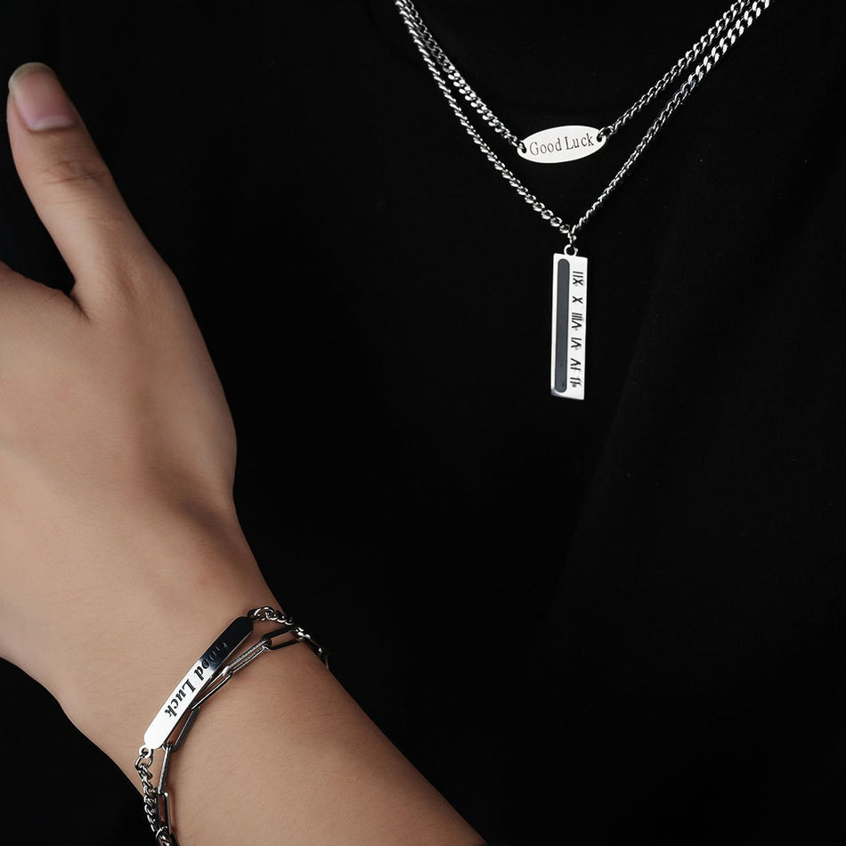 Unisex Roman Numeral Double-Layer Necklace Jewelry Set