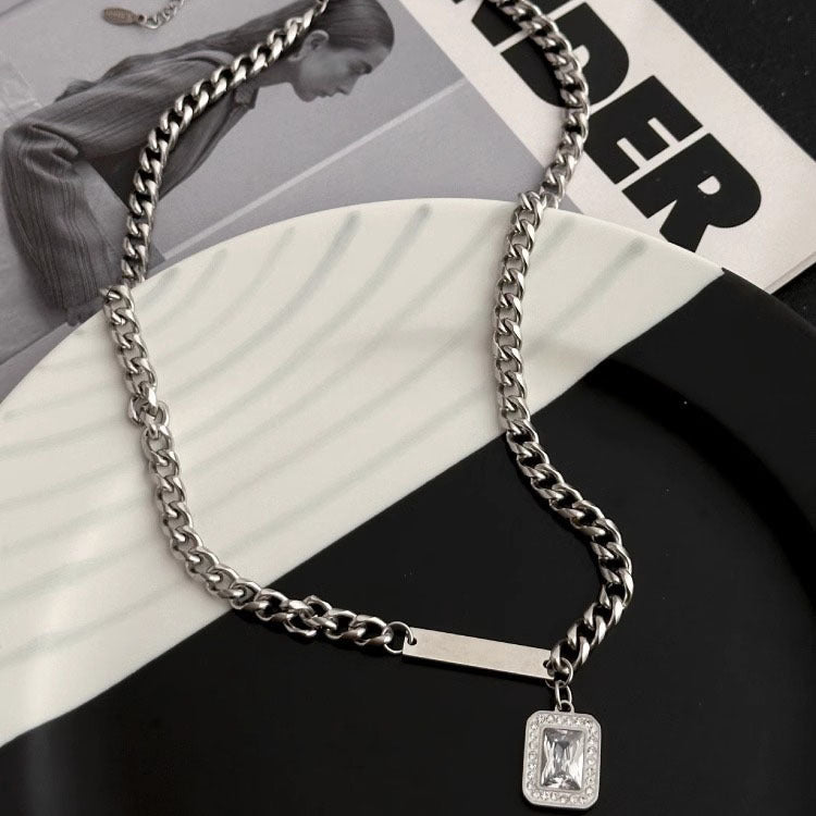 Unisex Titanium Steel Zircon Full-Diamond Pendant Necklace
