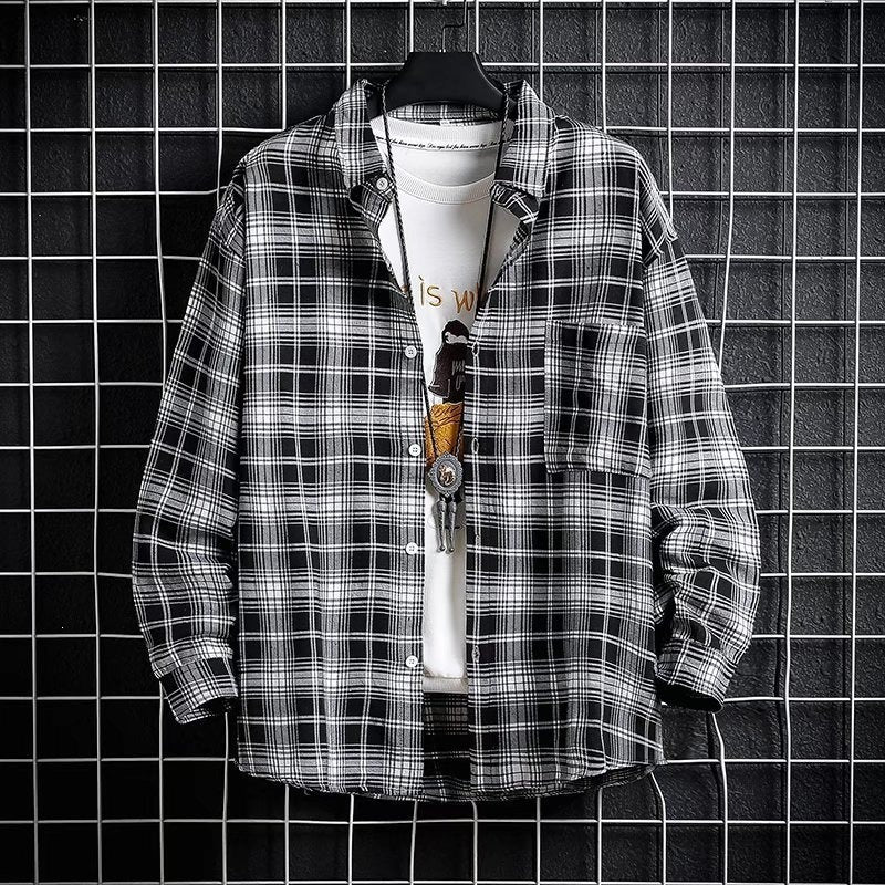 Black and White Plaid Men's Shirt Jacket, Loose Retro Casual Top