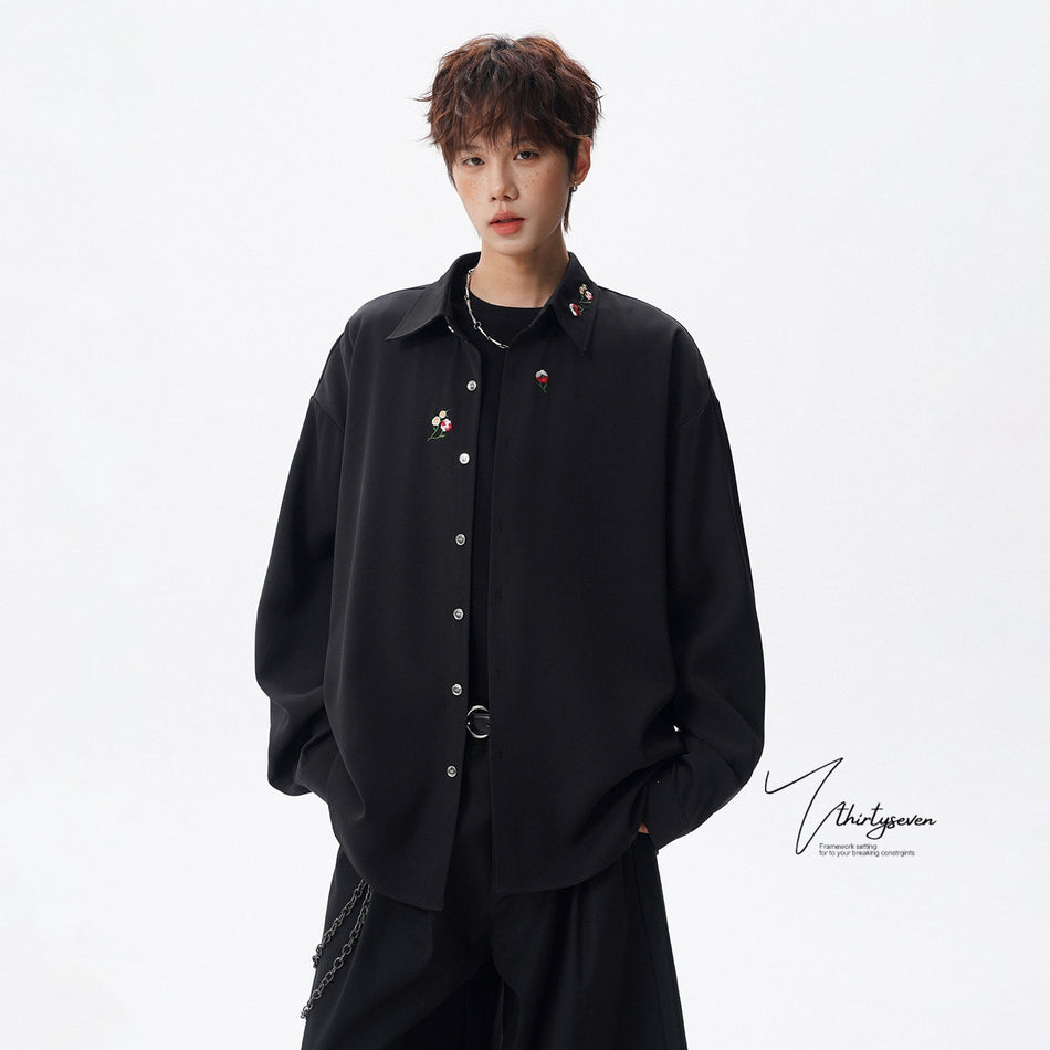 Black Chinese-Style Embroidered Long-Sleeve Shirt Jacket