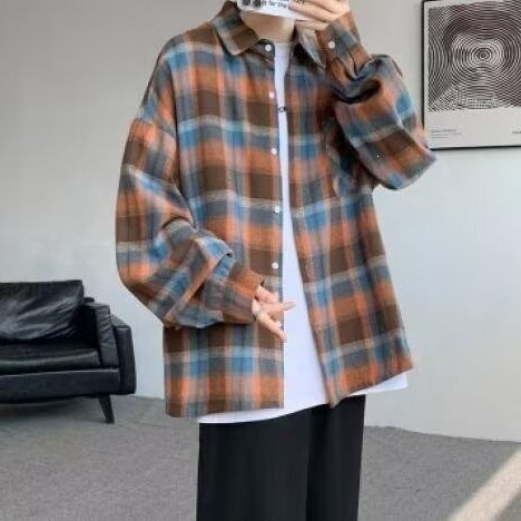 Unisex Loose Plaid Long-Sleeve Retro Street Style Shirt