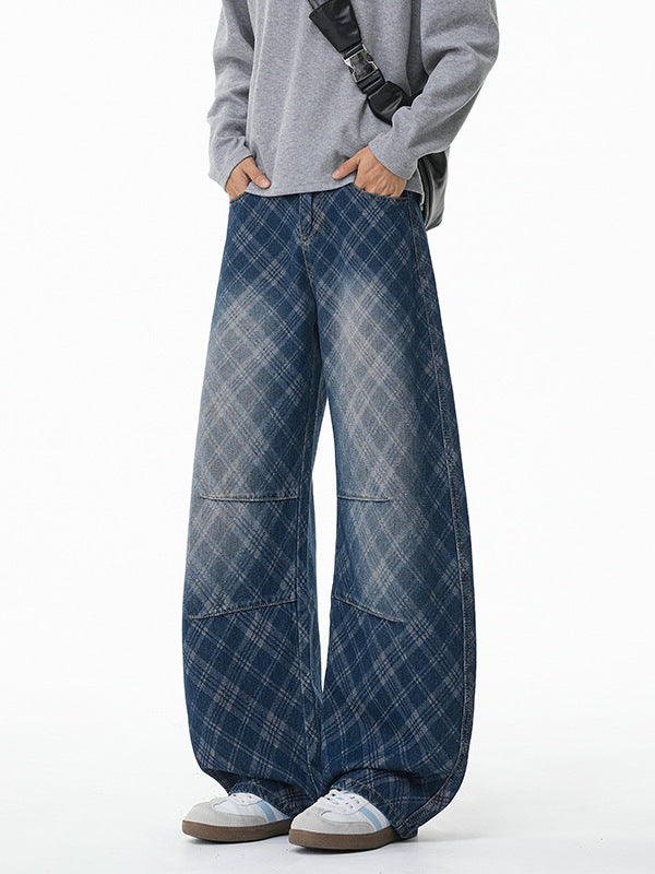 American Washed Plaid Denim Jeans for Men S–2XL