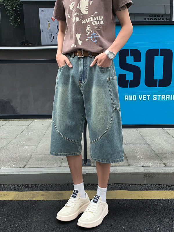 American Retro Patchwork Cropped Jeans Large-Pocket Wide-Leg Shorts