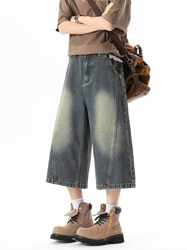 American High-Street Diagonal Patchwork Washed Wide-Leg Jeans